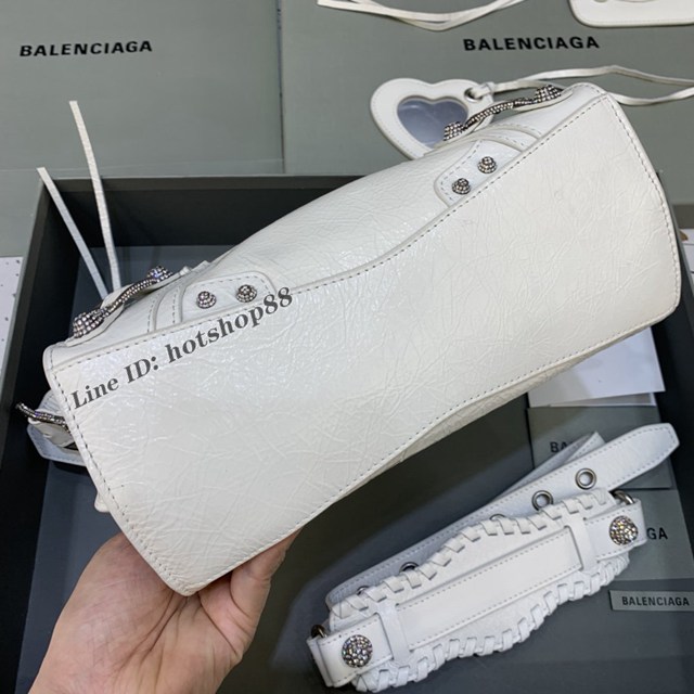 Balenciaga專櫃爆款油蠟白帶鑽手提女包 638515 巴黎世家Neo cagole機車包 fyj2003